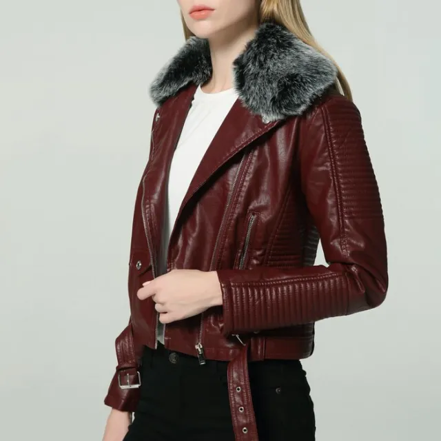 DETACHABLE FUR COLLAR WARM FAUX LEATHER JACKET Brown - Shop at LoveMi