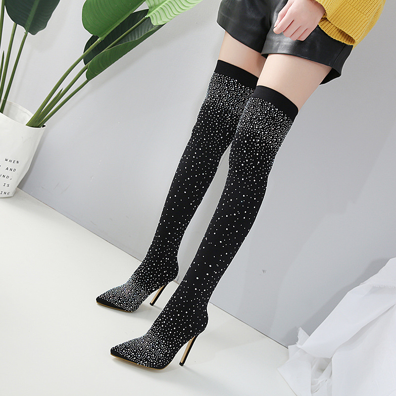 High-heeled knee boots pointed elastic women's boots rhinestone stiletto boots