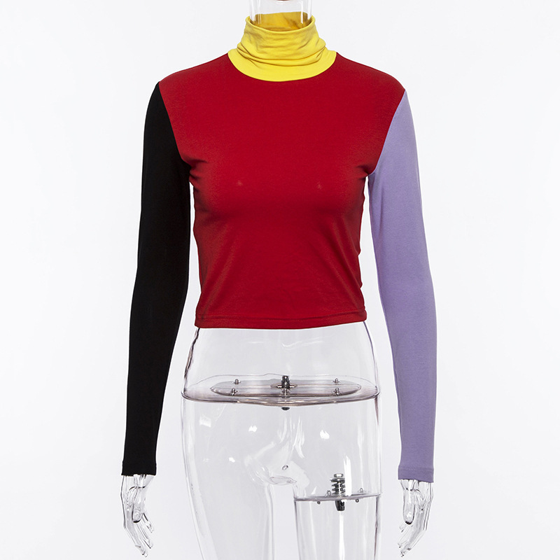 Sexy crop top shirt fashion long-sleeved round neck tight color matching t-shirt