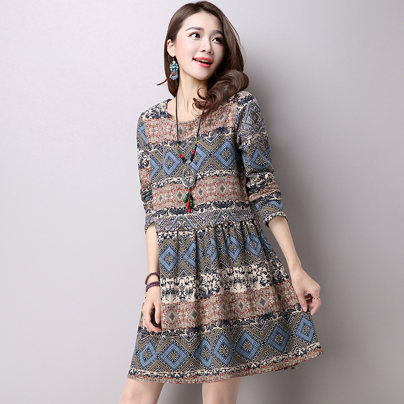 Ethnic style cotton and linen large size women's head geometric print long sleeve skirt dress