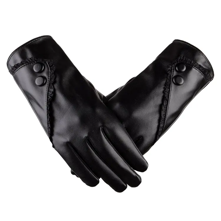 Women PU Gloves with Lace and Button