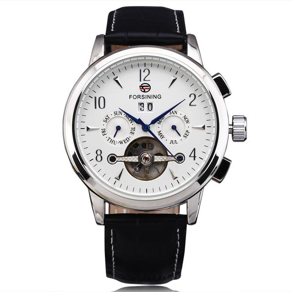 Calendar Hollow Mechanical Belt Watch Casual Three-eye Fashion Scale Mechanical Watch 557