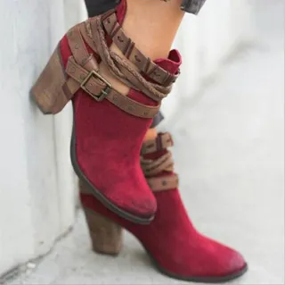 High-heeled Martin boots rivet belt buckle thick with round head boots - Gules-40