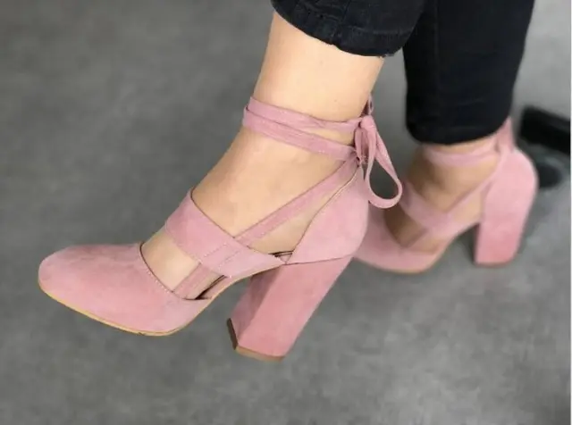 Thick and suede ankle strap with thick heel sandals Pink - Shop at LoveMi