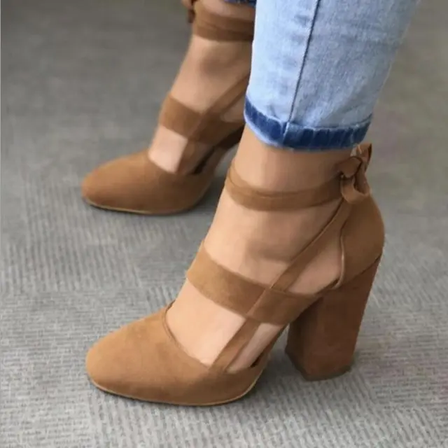 Thick and suede ankle strap with thick heel sandals Brown - Shop at LoveMi