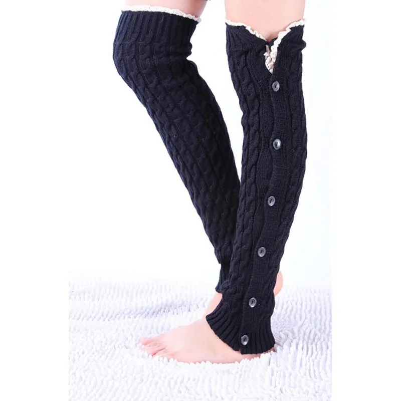 Laamei New Foreign Trade Christmas New With Button Lace Socks Twist Socks LEg Warms Europe And The United States Set 1 Double - Black