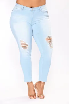 Elastic embroidered denim ladies feet pants jeans - Light Blue - View 1