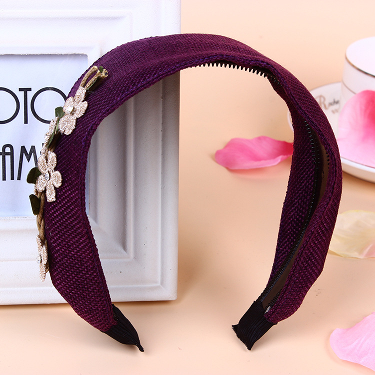 European and American personality new headdress garland fashion hairpin linen flower extra wide headband plant rhinestone hair band Purplish Red - Shop at LoveMi