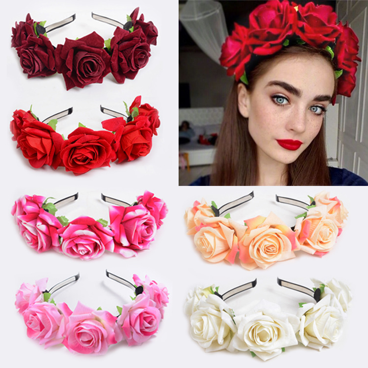 New velvet simulation rose flower wreath headband seaside holiday shooting hair accessories