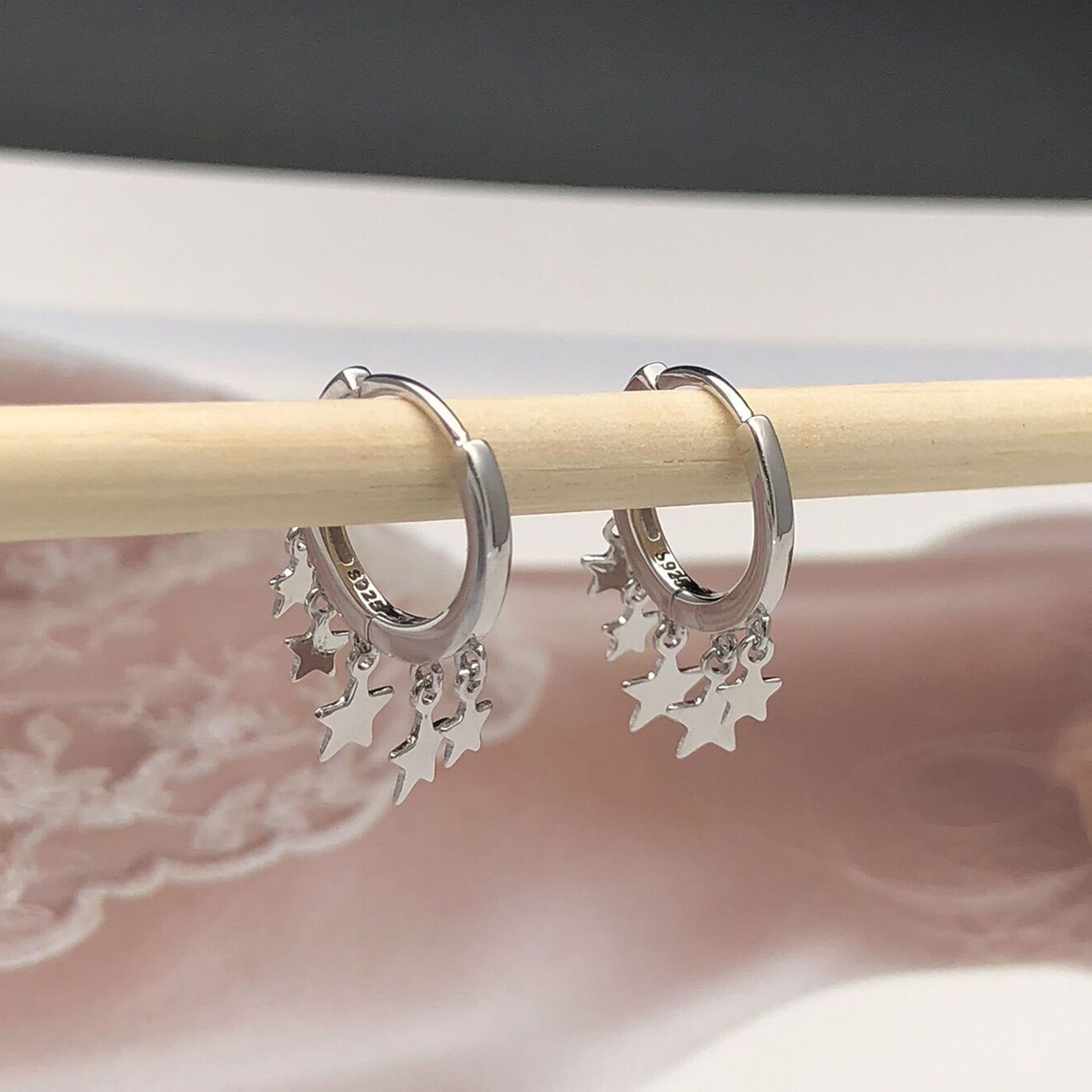 S925 silver stars ear buckle female simple five-pointed star tassel short earrings earrings