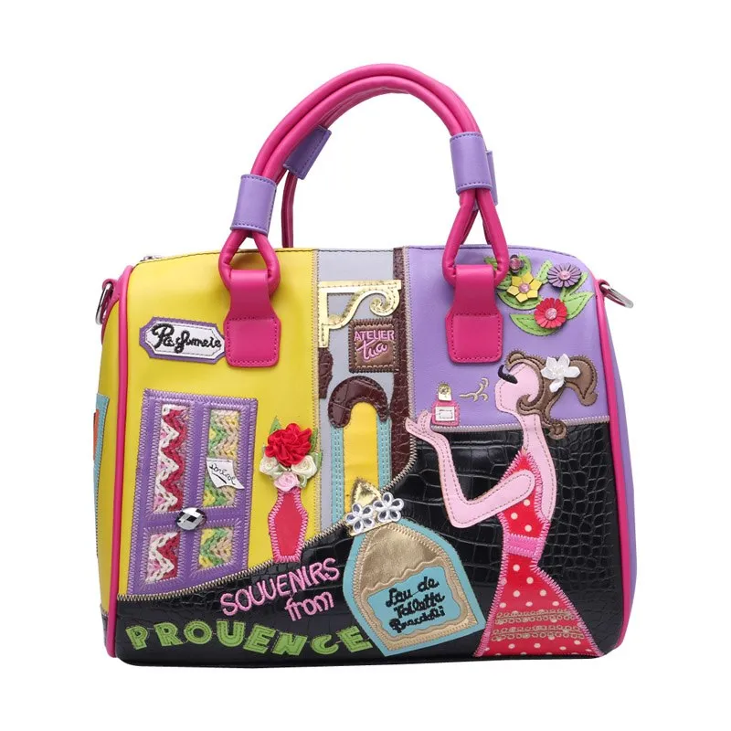 European and A merican Style Women Girl Solid Zipper Tote Cartoon Embroidery Messenger Travel Handbag Shoulder Bag - Black