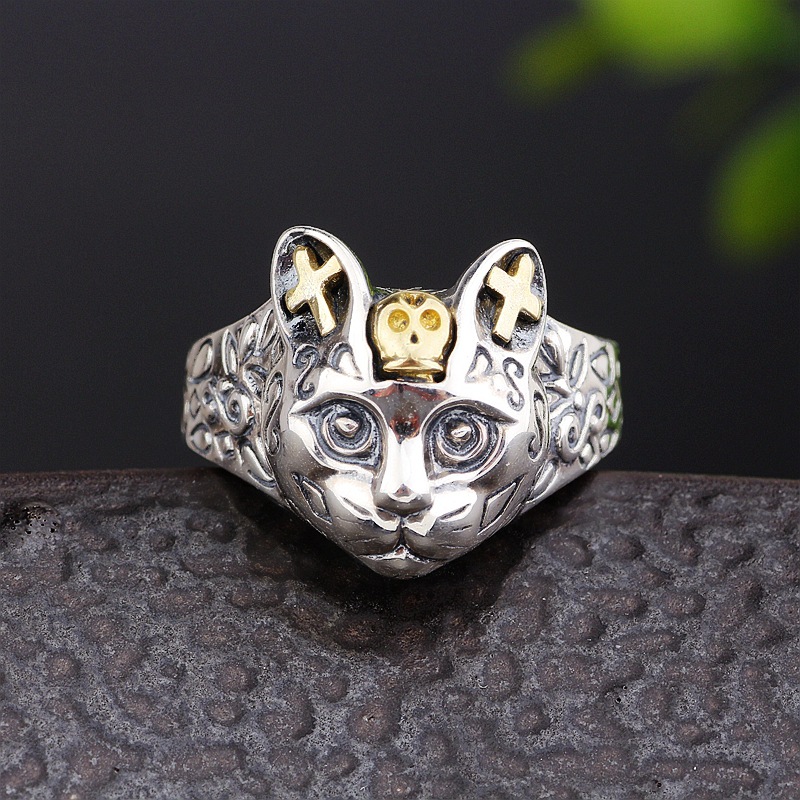 S925 sterling silver cartoon cute kitten ring retro lucky cat ring