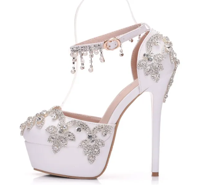 Large size white rhinestone wedding shoes single shoes women Beaded tassel chain high heel sandals waterproof platform word belt White - Shop at LoveMi