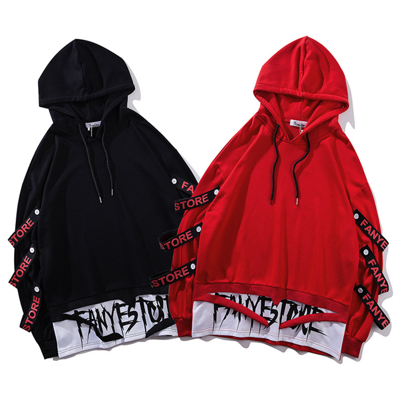 Original popular fake two-piece personality hooded hooded sweater youth men and women ribbon belt jacket