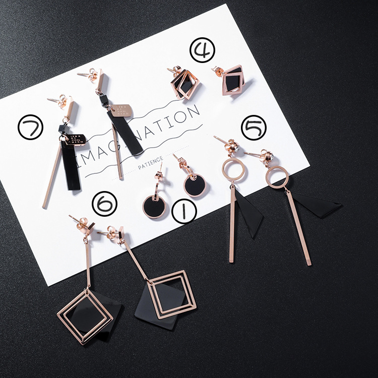 Square Round Titanium Steel Earrings Cool Wind  Drill Geometry Wild Tassel Earrings