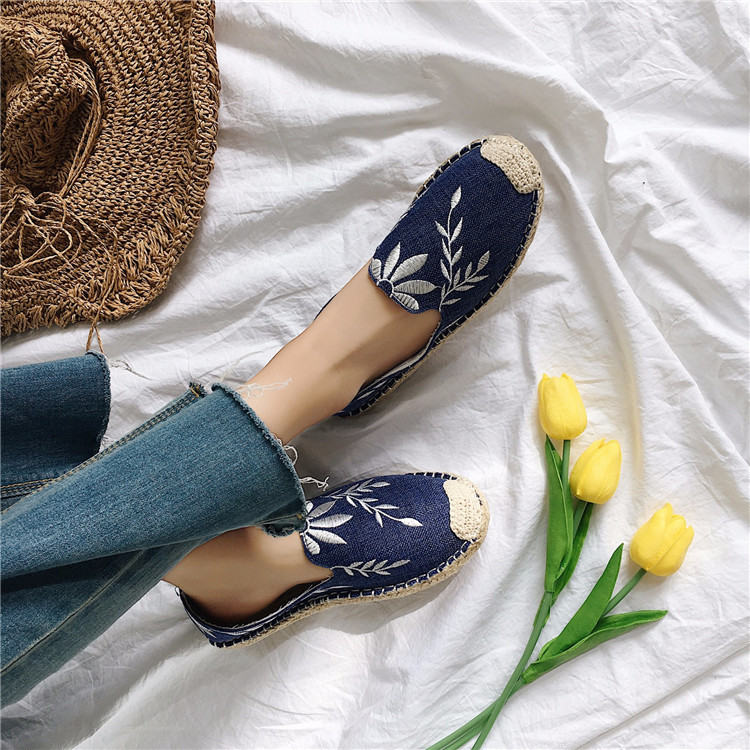 Flat grass embroidery fisherman shoes leaves flowers hemp rope lazy shoes tendon shoes