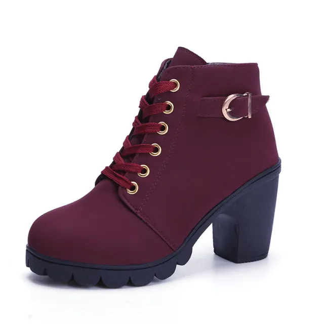 Retro Martin boots large size boots high heel thick with matte leather round head with bare boots Red - Shop at LoveMi
