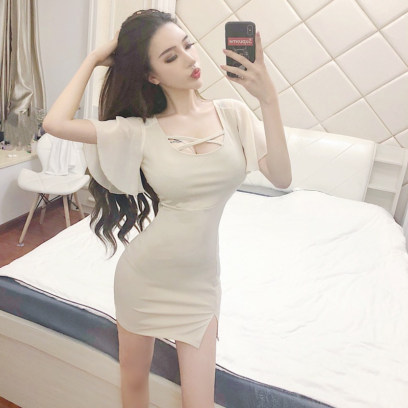 summer dress low-cut U-neck chiffon lotus leaf sleeves hip split night skirt