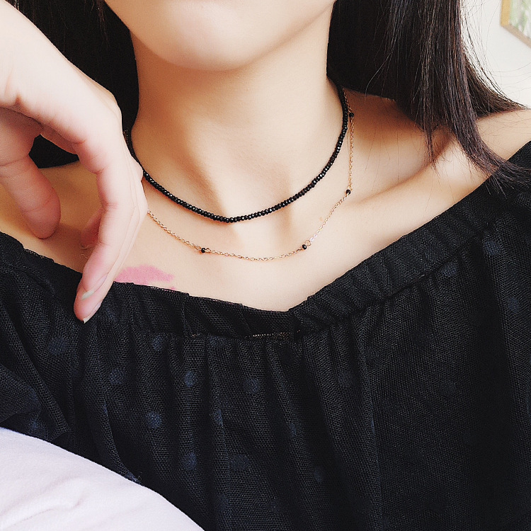 Japanese Harajuku handmade black spinel double neck chain simple wild clavicle chain short necklace chain collar neck strap