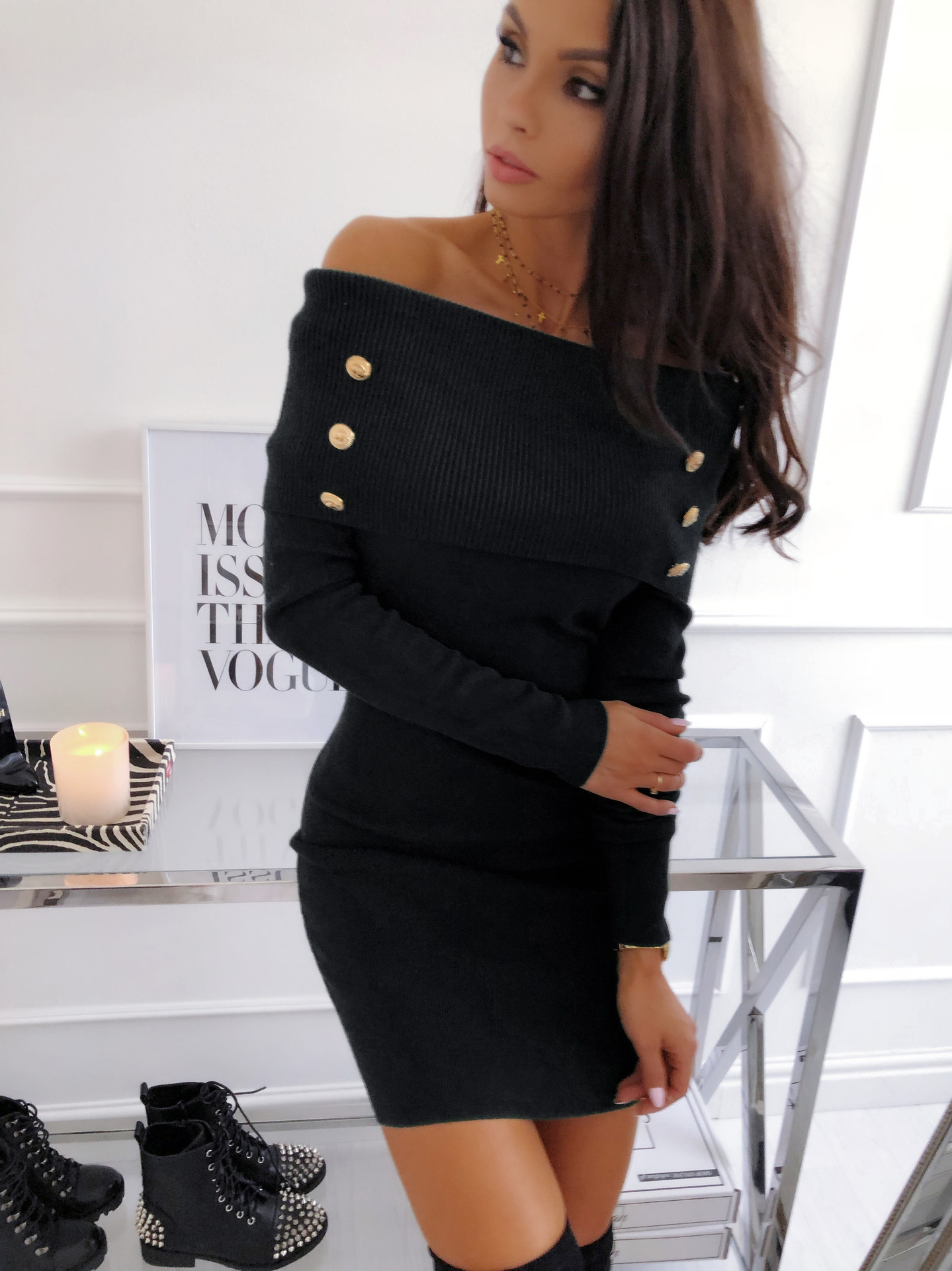 Sexy off-the-shoulder tight-fitting hip knit skirt