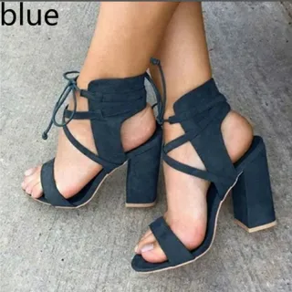 Super high heel hollow round head with sandals ankle strap buckle women's shoes - Blue