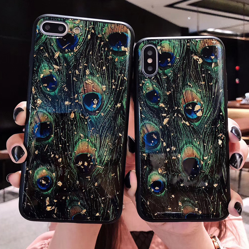 Compatible Compatible Fashion Chinese Style Sexy Black Edge Epoxy Glitter Gold Foil Peacock Feathers Anti-fall For IphoneXR Mobile Phone Shell