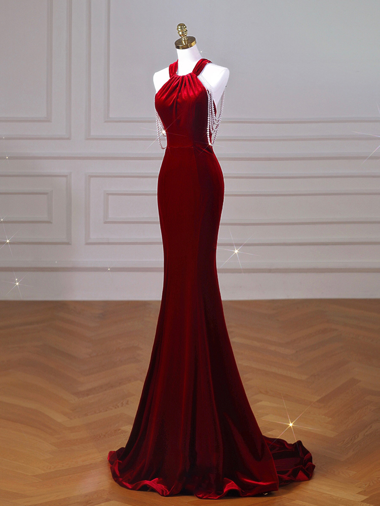 Velvet Fish Tail Cocktail Dress Bridal Engagement Wine Red - Shop at LoveMi
