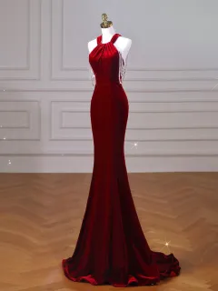 Velvet Fish Tail Cocktail Dress Bridal Engagement - Wine Red - View 1
