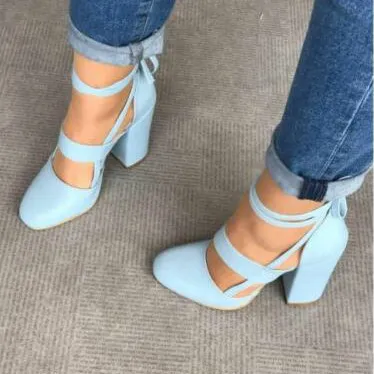High heel thick heel strap sandals Blue - Shop at LoveMi