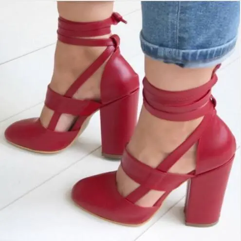 High heel thick heel strap sandals - Red