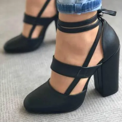High heel thick heel strap sandals - Black