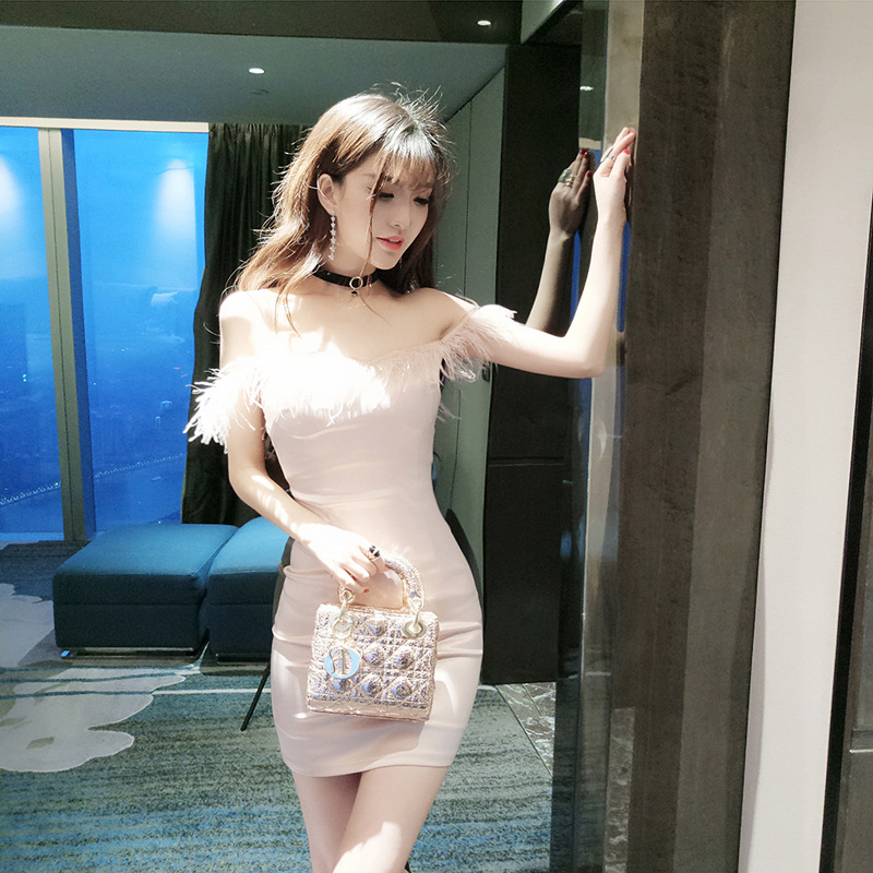 Ostrich hair stitching word collar slim pockets hip dress