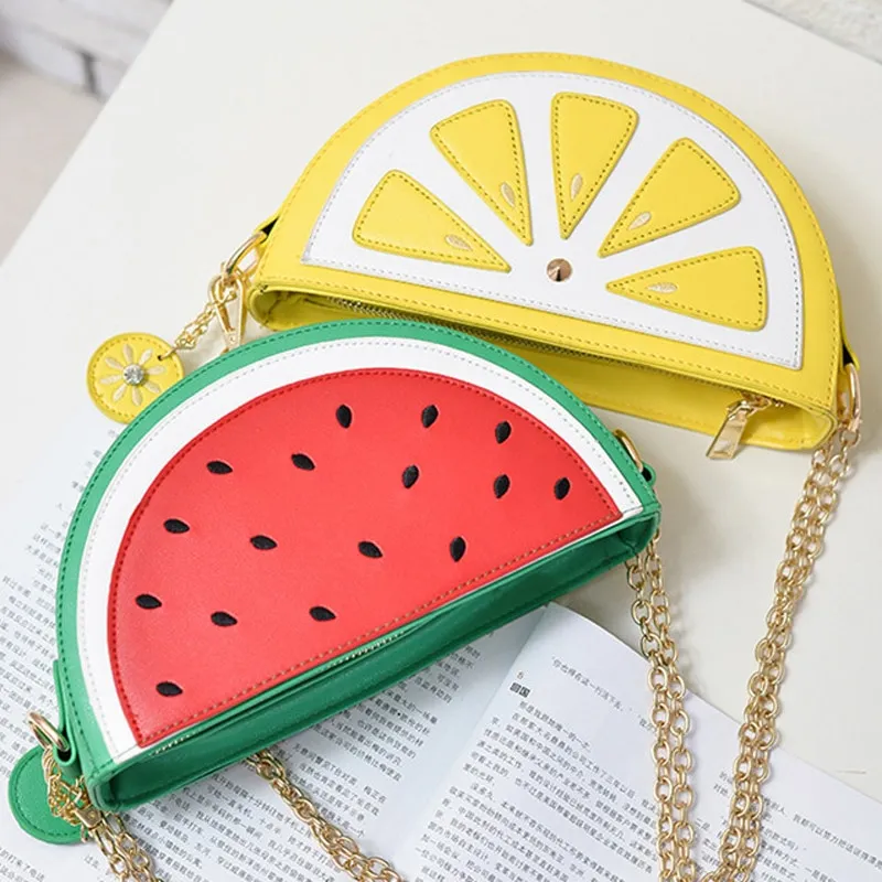 summer new female bag PU leather women bag cute fruit packet chain Shoulder Messenger Bag orange watermelon Strawberry bag - Orange