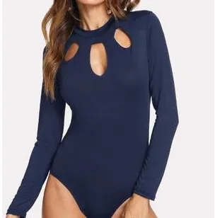 Black Cutout Long Sleeve Slim Sexy Solid Color Jumpsuit Dark Blue - Shop at LoveMi