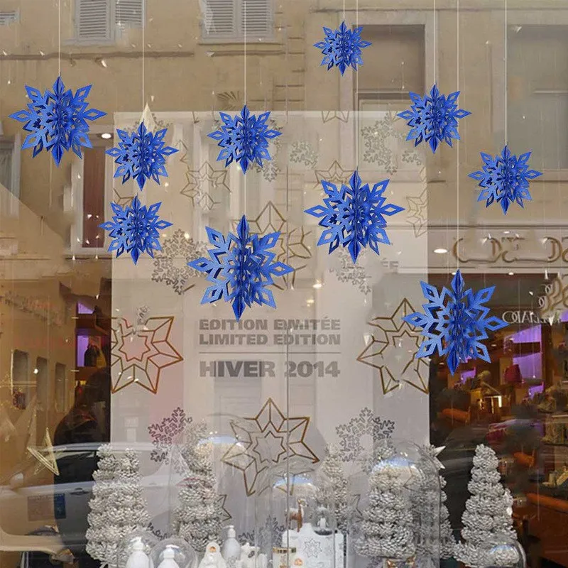 Set Cardboard 3D Hollow Snowflake Hanging Ornaments New Year's Christmas Decorations For Home Party Decoration - Deep Blue