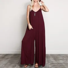 Summer Women Sexy V Neck Long Jumpsuits Casual Loose Rompers Overalls Wide Leg Mono Bodysuit Playsuits Plus Size 5XL - Wine Red - View 1