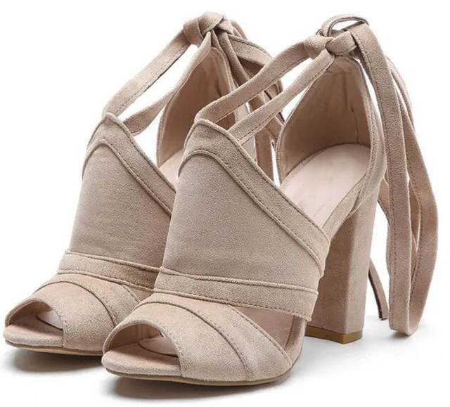 spring new Korean suede fish mouth side empty ankle cross strap high thick with ladies large size sandals Khaki - Shop at LoveMi