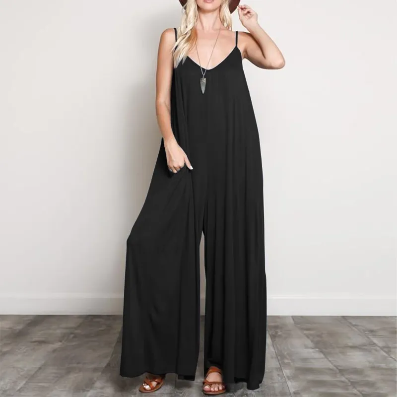 Summer Women Sexy V Neck Long Jumpsuits Casual Loose Rompers Overalls Wide Leg Mono Bodysuit Playsuits Plus Size 5XL - Black
