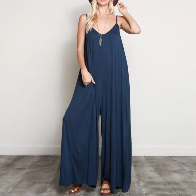 Summer Women Sexy V Neck Long Jumpsuits Casual Loose Rompers Overalls Wide Leg Mono Bodysuit Playsuits Plus Size 5XL Navy Blue - Shop at LoveMi
