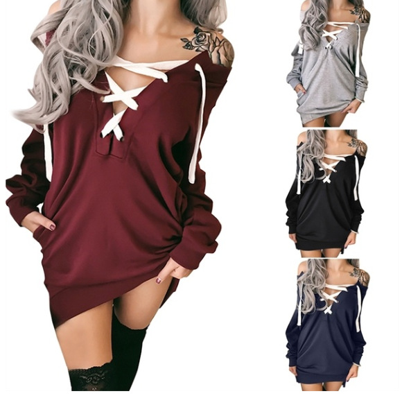 Solid color word collar bandwidth loose long sleeves long sweater