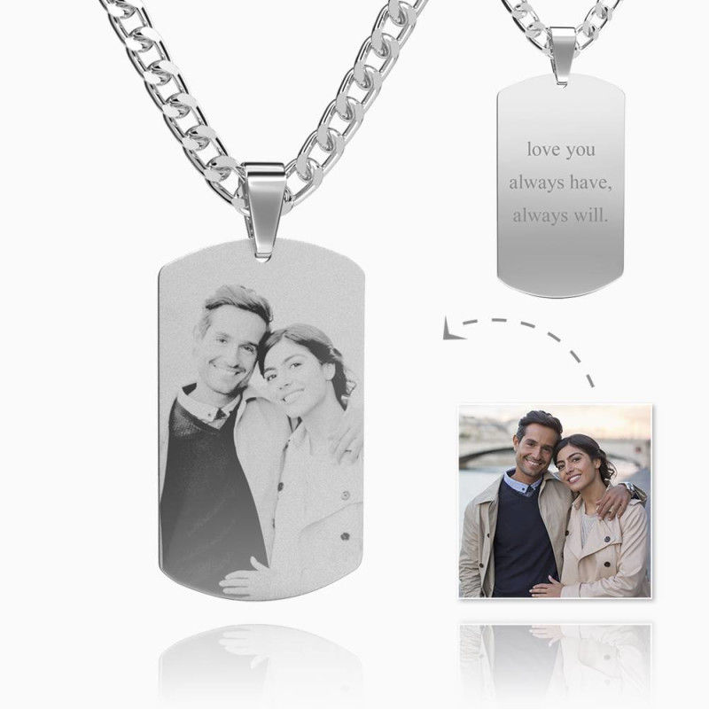 Men's Engraved Photo Silver Necklace