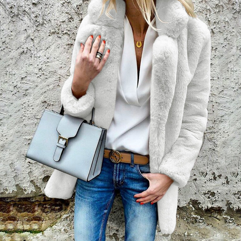 autumn and winter new style solid color long sleeved lapel women's fluffy coat coat White - Shop at LoveMi