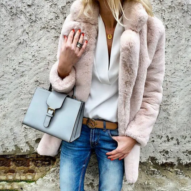 autumn and winter new style solid color long sleeved lapel women's fluffy coat coat 1 Pink - Shop at LoveMi