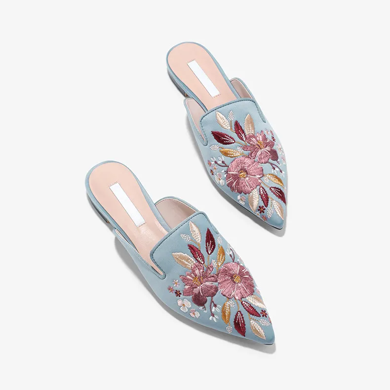 Code embroidery tipped a pedal lazy low heel women's slippers - Blue