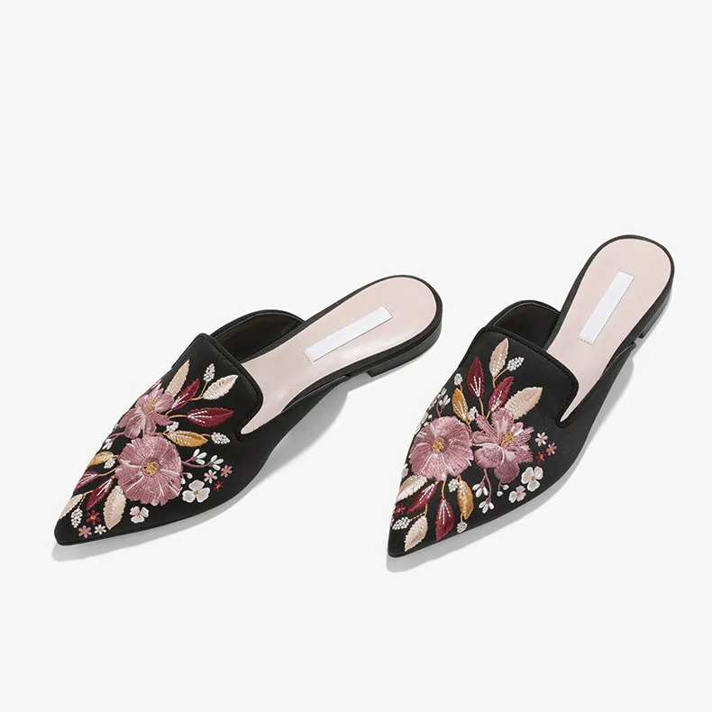 Code embroidery tipped a pedal lazy low heel women's slippers - Black