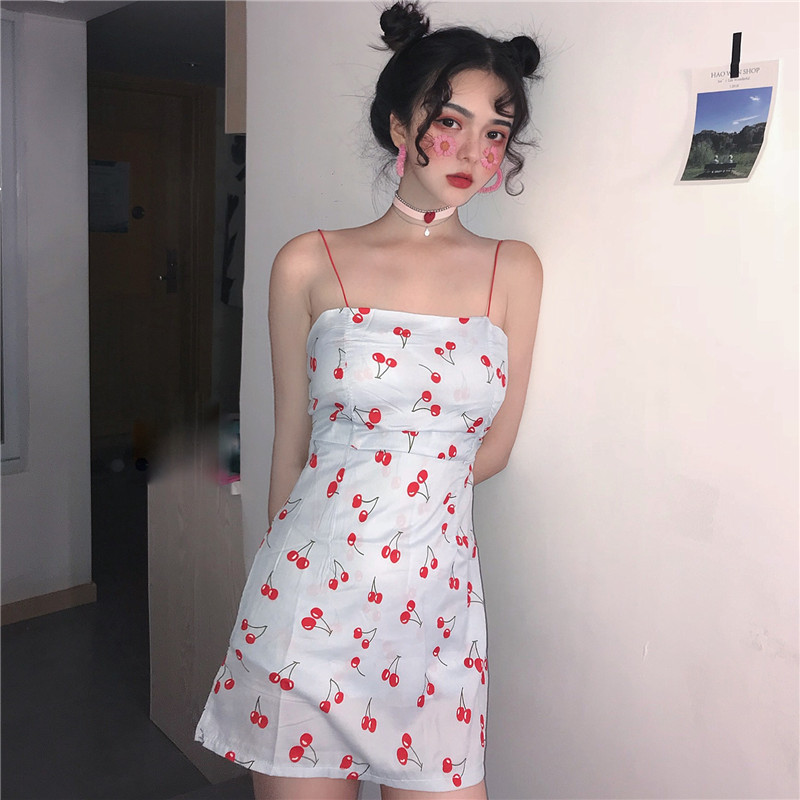 Red Cherry Print Sexy Slim Fit Sling Dress