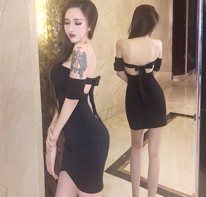 Nightclub women's summer sexy dress word shoulder wrapped chest skirt straps bow back dress H2379