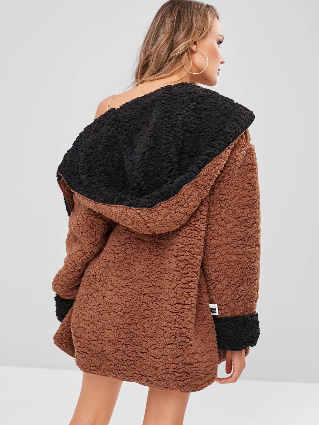 Hooded lamb fur coat loose texture female coat - Coffee