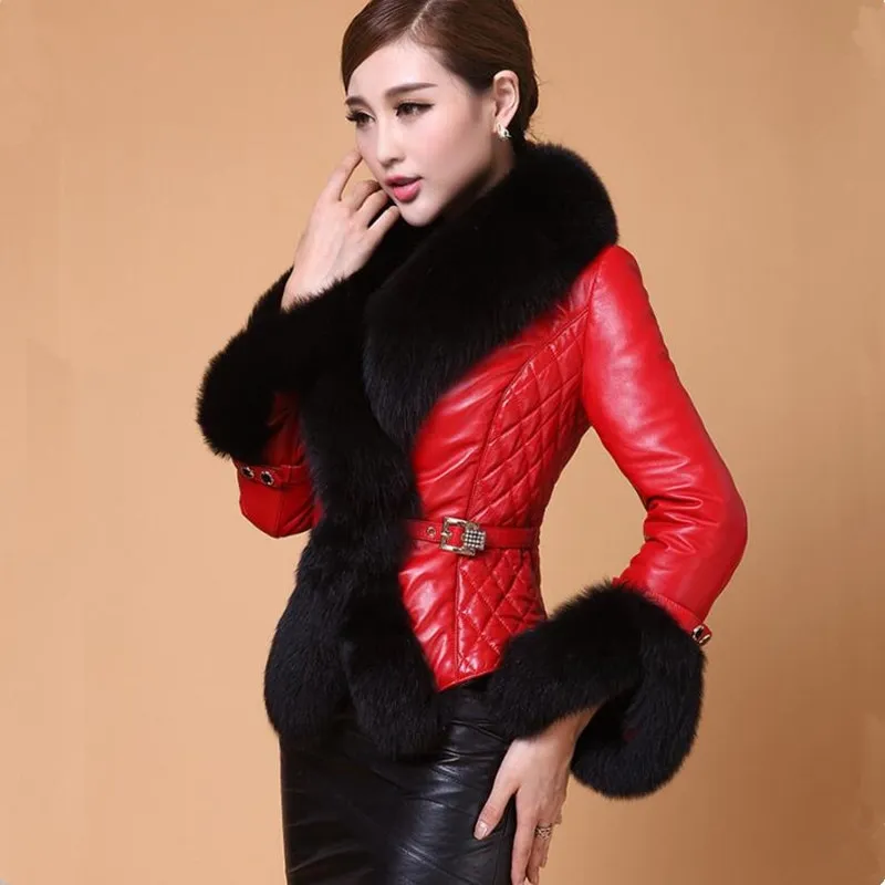 Best-selling Autumn Winter Jacket Woman Fur Coat Fashion Fox Fur Collar Women Coat Slim Short PU Leather Coat - Red Black