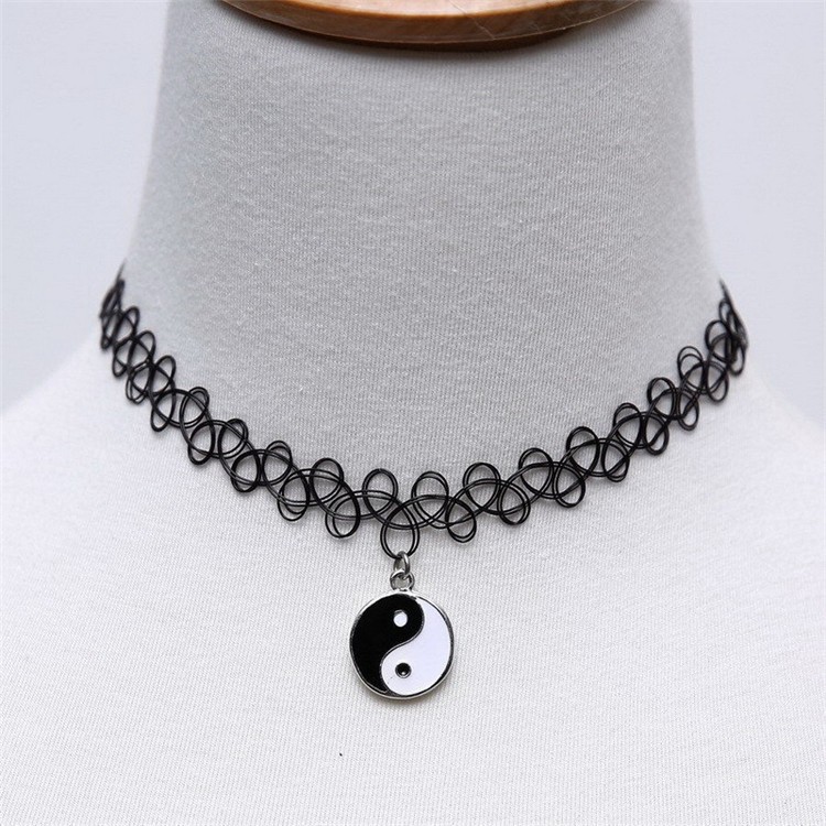 Black Plastic Choker Necklace Women Elastic Tattoo Chokers Gothic Punk Yin Yang Pendants 90s Chocker